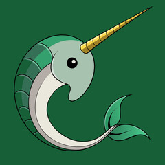 Cartoon narwhal with golden horn and green tail © Niranjon