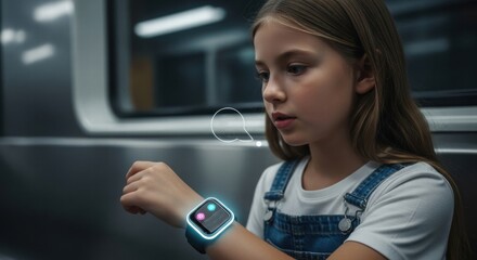 Young Girl Talking to Her AI Wristband Underground