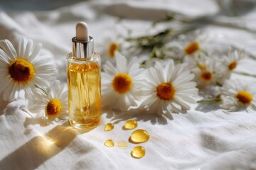 Glass dropper bottle filled with golden oil surrounded by fresh daisies on a soft white fabric backdrop