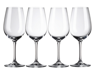 Set of Elegant Wine Glasses in a Row, Crystal Clear Glass, isolated on transparent background