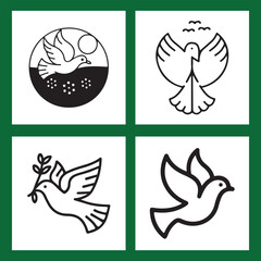 Collection of Four Simple Dove Line Art Illustrations on White Background with Green Border