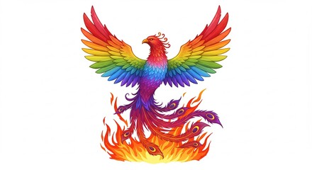 Obraz premium 虹色不死鳥 炎上 羽ばたく 鮮やか 美しい (Niji-iro fushichou enjou habataku azayaka utsukushii) Translation: Rainbow phoenix flames soar vibrant beautiful. AI Generated