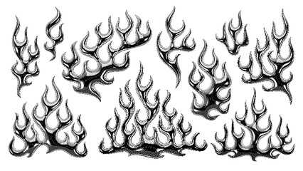 Set of abstract flame shapes in pixel bitmap Y2K halftone style with 3d chrome effect and monochrome palette
