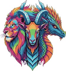 Rainbow colored chimera vector hybrid animal illustration