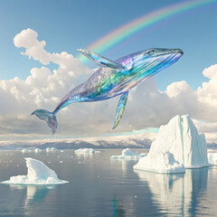 Whale flying over icebergs with rainbow