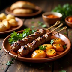 AI illustration Lively and rustic traditional Catalan cuisine, featuring savory pop a la brasa dishes, with skewers of tender grilled meat served alongside portions of crispy patates al caliu, and thi