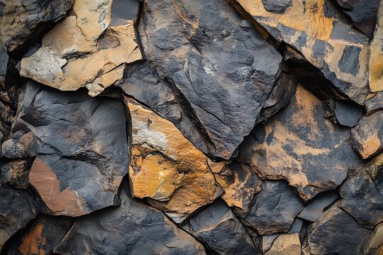 Closeup texture of stacked dark brown and black basalt columns in natural sunlight