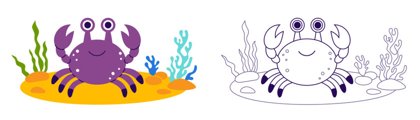 Cute Crab and Sea algae on sandy seabed set. Funny animal. Outline and color drawing. Coloring Page. Vector illustration. Kids collection