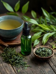 Green herbal essence in a dropper bottle beside a bowl of tea leaves and a cup of brewed tea