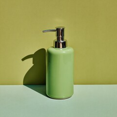 A minimalist green dispenser with a chrome top sits on a light green surface, against a solid backdrop of the same hue.