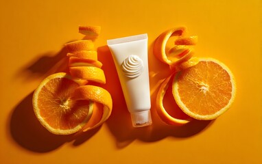Bright orange slices and peels surround a white cosmetic tube on a vibrant yellow background