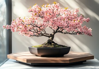 Bonsai tree with pink blossoms in a decorative pot on a wooden surface.