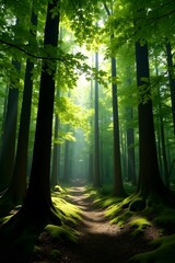 A path through a forest with sunlight shining through the trees. 