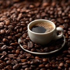 Fototapeta premium A serene cup of coffee sits amidst a rich pile of roasted coffee beans, evoking warmth and comfort, perfect for coffee lovers and enthusiasts alike in every setting