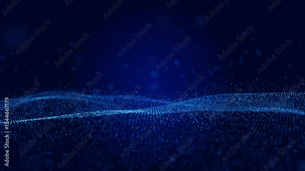 Poster digital blue wave with glowing particles and tech-inspired dots. ideal for backgrounds, tech project