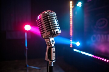 vintage mic setup under colorful spotlights
