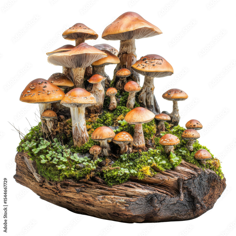 Poster mushroom cluster on wooden log with green moss, showcasing various shapes and sizes, creating natura