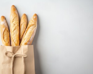 Fresh bakery baguettes with greenery in kraft paper bag, isolated on pastel