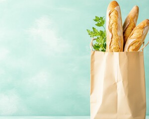 Fresh baguettes in a paper bag with flowers on pastel background