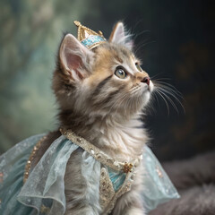 Kitten wearing a crown and blue dress