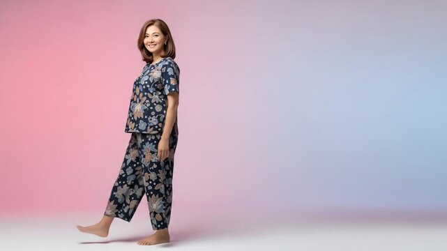 Young woman modeling floral patterned loungewear in a pastel studio with pink and blue backgrounds