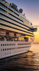 Obraz premium Luxurious cruise ship at sunset with glowing windows and passenger silhouettes on deck.