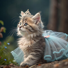 Kitten wearing a crown and blue tutu