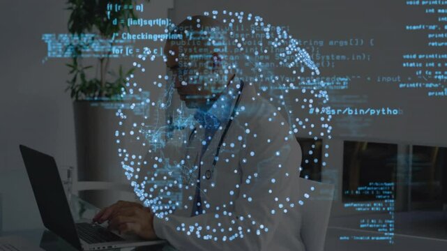 Doctor wearing stethoscope typing code on laptop upon 3D sphere appearing, analyzing medical data