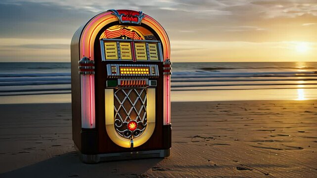 Vintage jukebox with glowing lights on a sandy beach at sunset. Retro music concept, nostalgia, golden hour, footage.