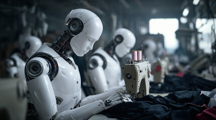 Fototapeta premium Realistic photo of a humanoid robot sewing in a modern factory. Showcasing advanced technology, automation, and industrial precision in a clean, high-tech environment.