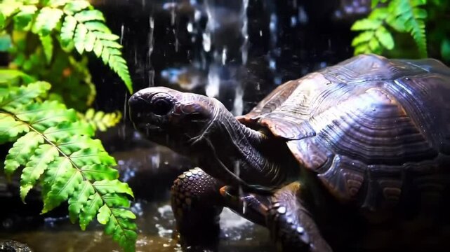 A close-up of a turtle resting in a shallow, gently flowing stream under a small waterfall, surrounded by lush green ferns. The turtle's shell is glossy and richly textured with concentric patterns