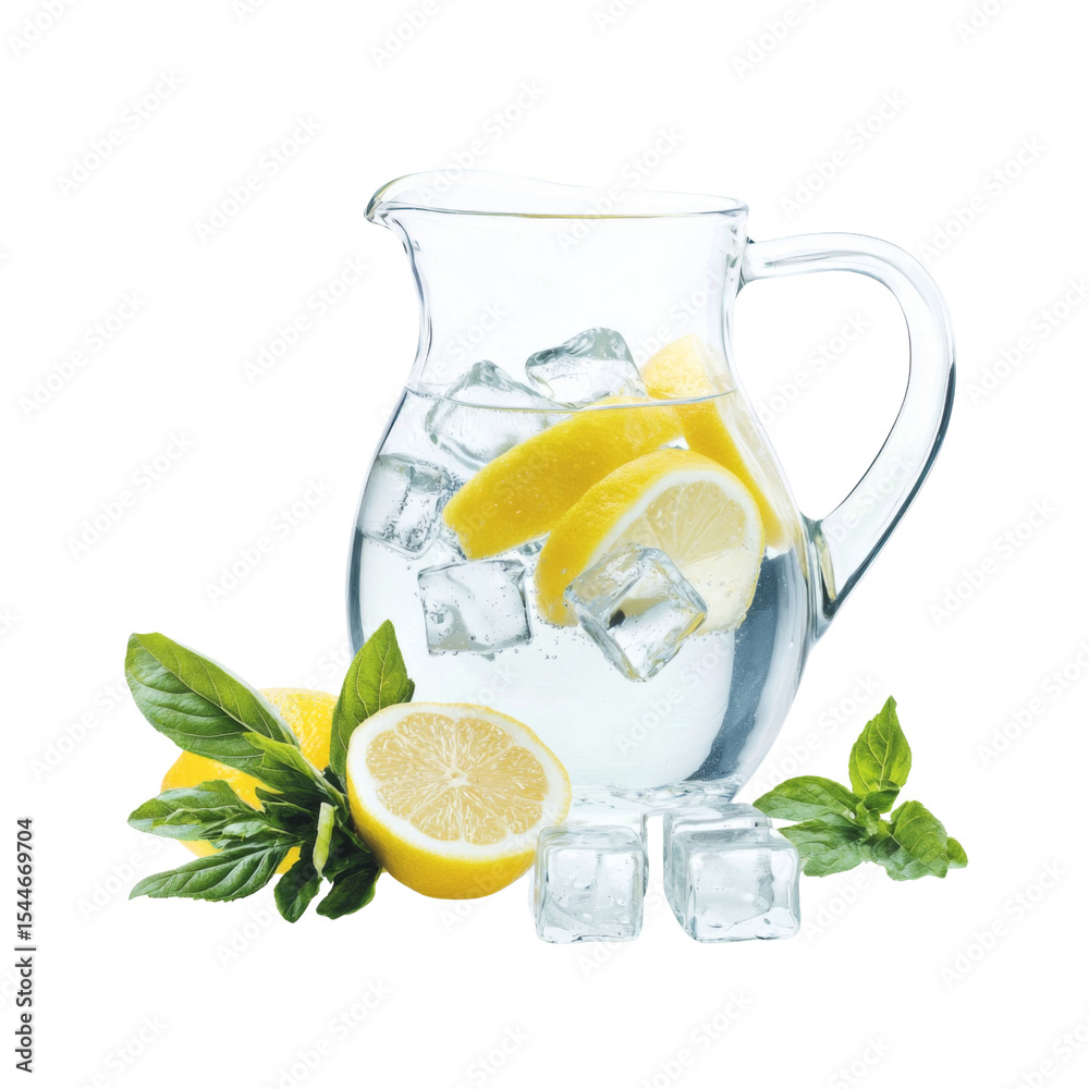 Poster refreshing lemonade pitcher with ice and lemon slices, garnished with mint leaves, perfect for summe