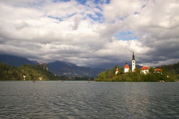 Bled lake in Slovenia with an iconic church and the Bled castle