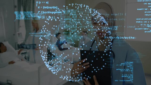 Nurse swiping tablet activating rotating globe with code fading in hospital ward for patient data