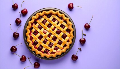 Cherry pie with golden lattice crust surrounded by fresh cherries on a purple background