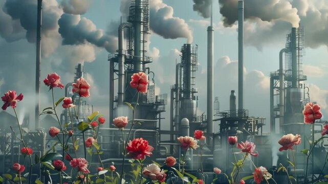 Contrasting scene of blooming flowers in front of industrial plant with smoking chimneys and metal structures.