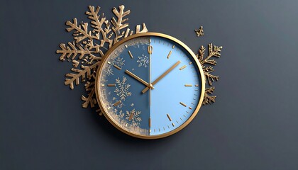 Decorative blue and gold wall clock with snowflake patterns extending beyond the circular frame