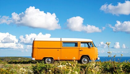 Orange and white vintage camper van parked on green grass under a bright blue sky with fluffy white clouds and wildflowers in the foreground.