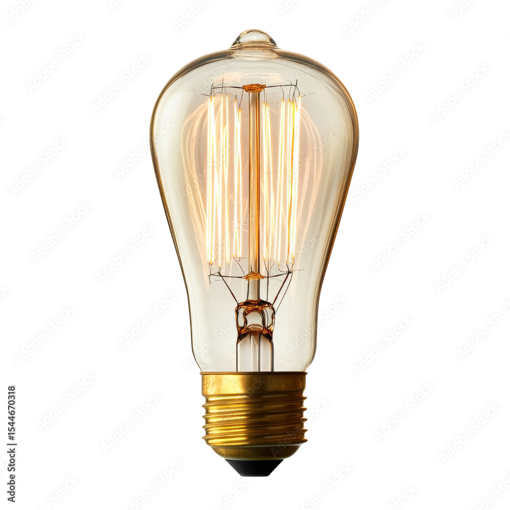 Poster vintage light bulb with warm glow, showcasing its filament design and glass structure, perfect for a