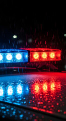 Close-up of vivid red and blue police lights reflecting on rain-soaked pavement at night, creating a tense cinematic mood.









