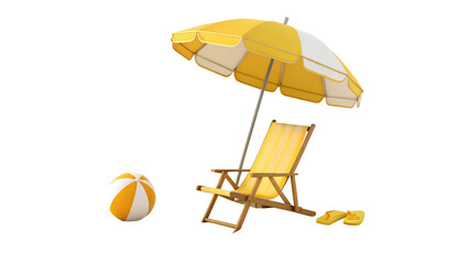 3d Vector Beach Chair, Yellow Umbrella and Ball, Summer holiday