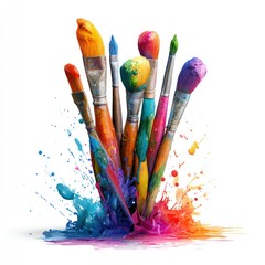 Obraz premium Colorful Paint Brushes and Splashes on White Background
