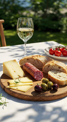 Sunlit summer picnic with rustic board of gruyère, cured pork, olives, baguette, and white wine outdoors.









