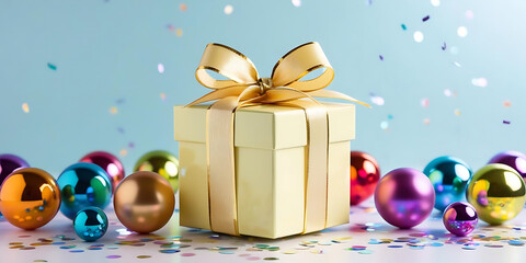 Festive Present and Confetti on Blue Background


