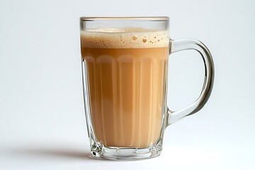 Glass mug of frothy teh tarik, pulled milk tea, traditional beverage on white background