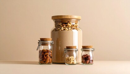 Assorted nuts and dried fruits in aesthetic glass jars with wooden lids on beige background
