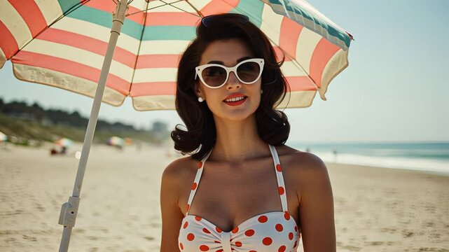 Woman relaxing on beach under striped umbrella. Retro swimwear and sunglasses. Summer vacation and travel concept footage.