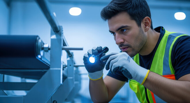 Industrial worker in high visibility vest inspecting machinery with flashlight in modern factory environment