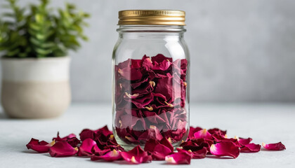 Dried rose petals in a glass jar.