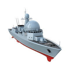 A detailed 3d rendering of a modern naval warship with advanced radar and missile systems.